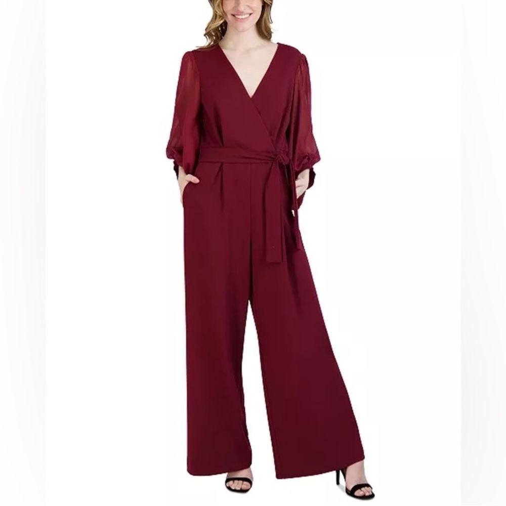 Donna Ricco women’s surplice- neck ballon-sleeve jumpsuit size 12 wine